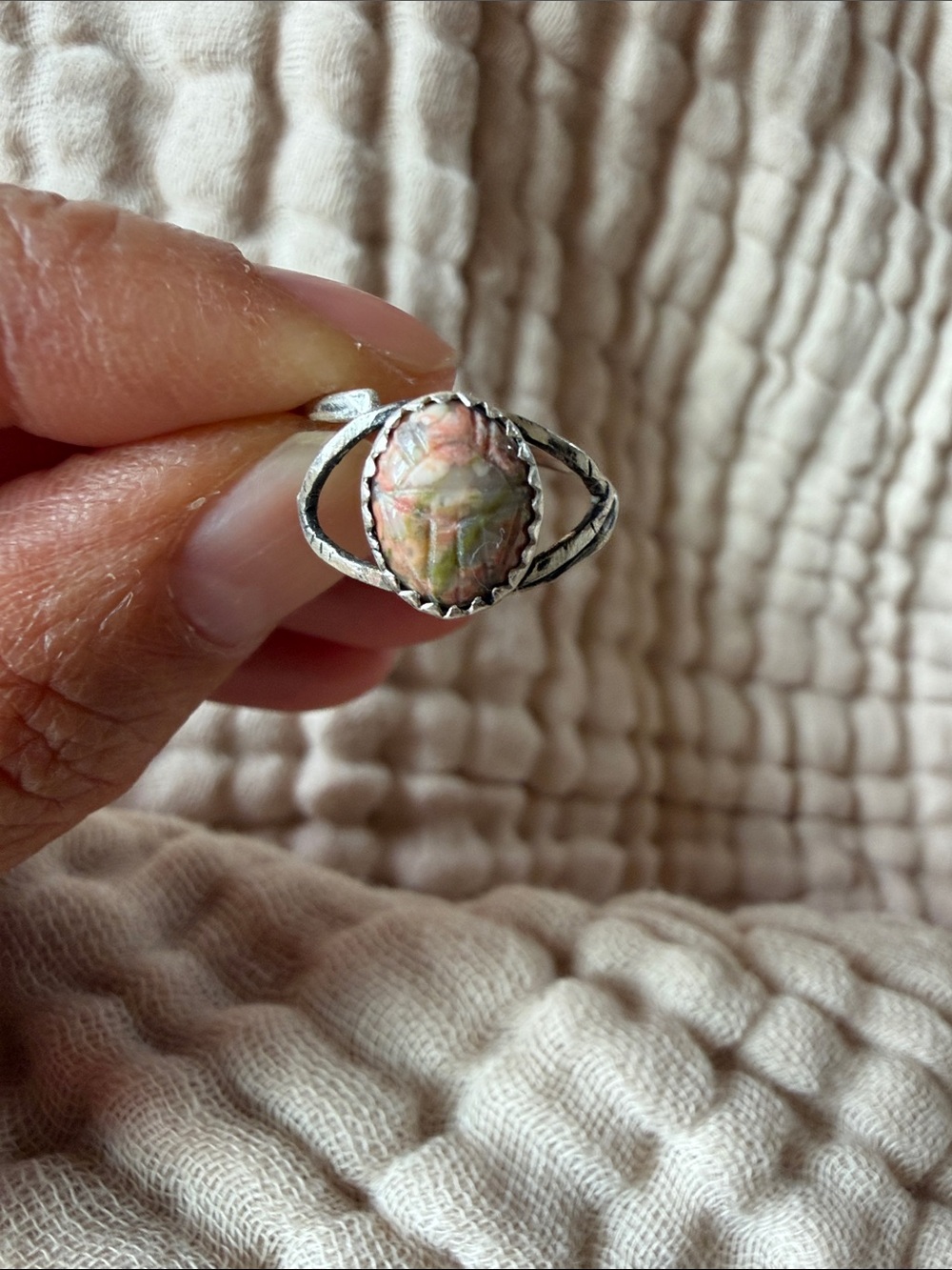 Sterling Silver Unakite Adjustable Ring